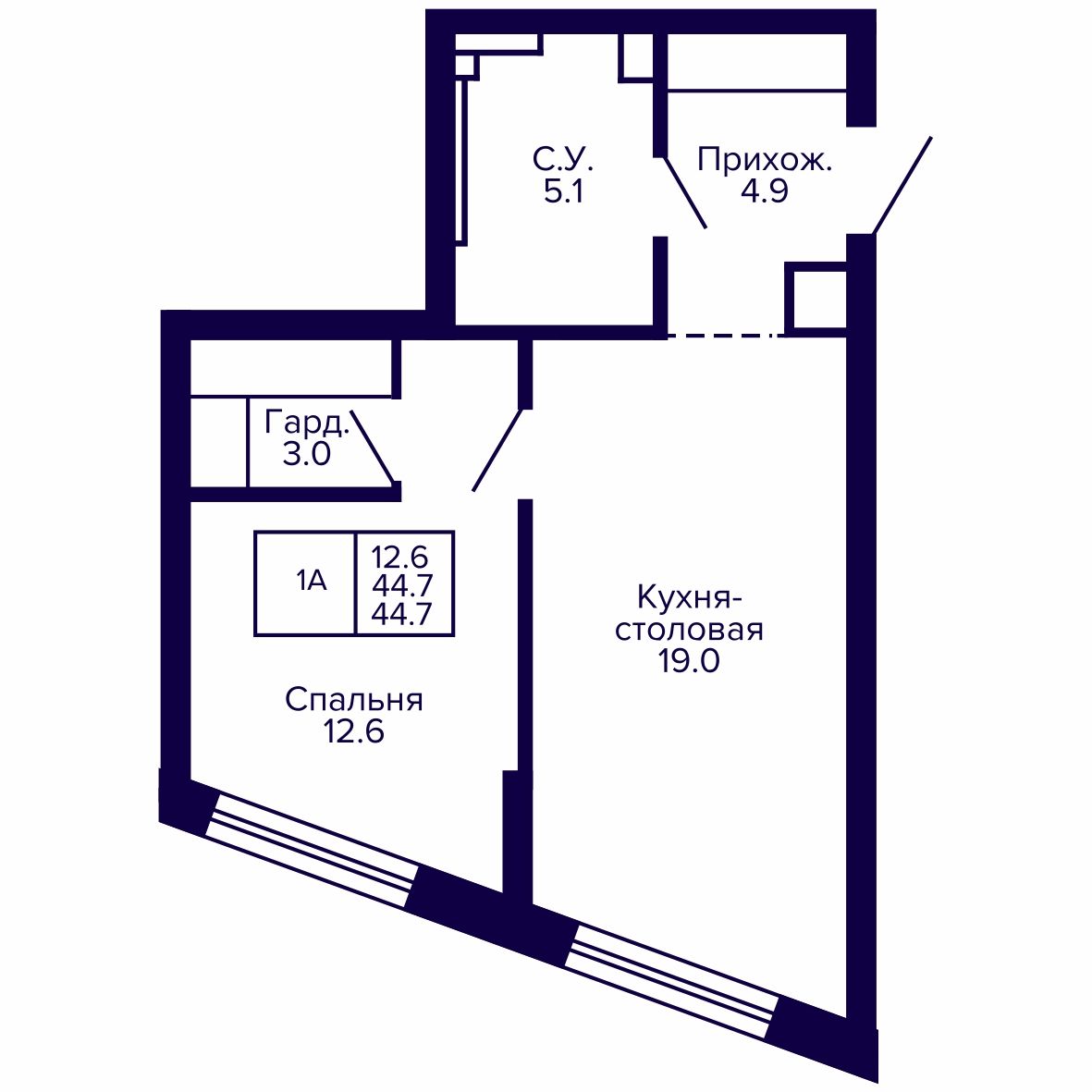 1-комнатная, 44.71 м², № 18 в Сподвижники