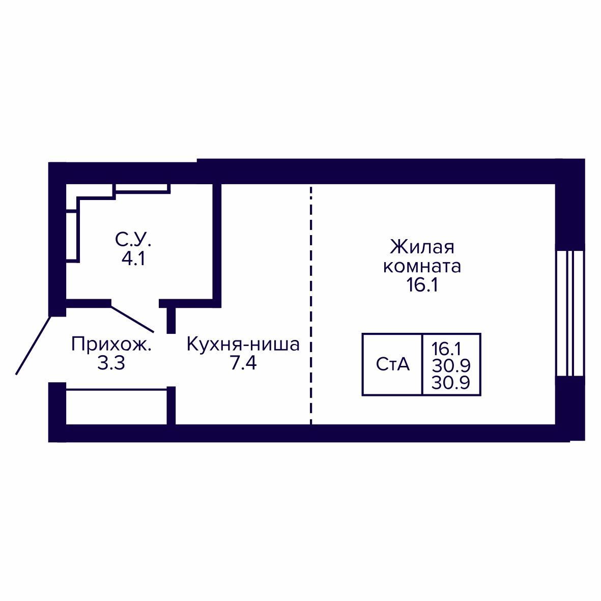 Студия, 30.9 м², № 15 в Сподвижники