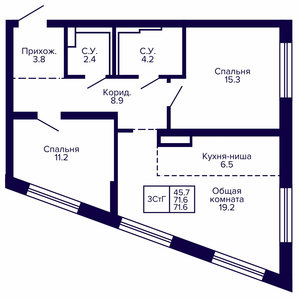 3-комнатная, 71.6 м², № 57 в Сподвижники