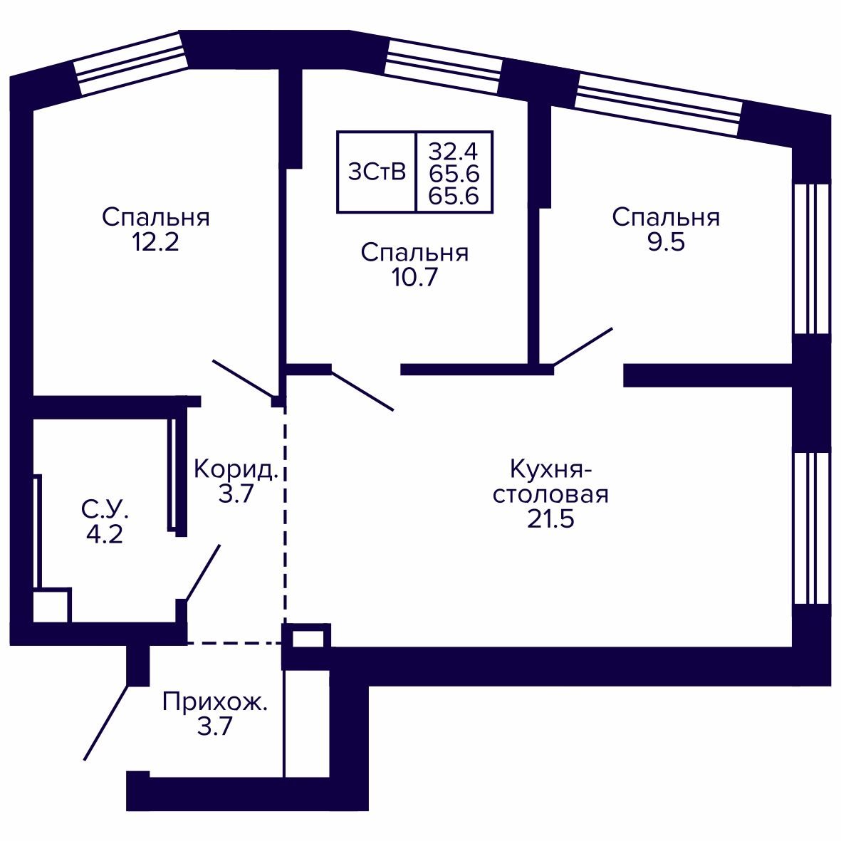 3-комнатная, 65.57 м², № 104 в Сподвижники