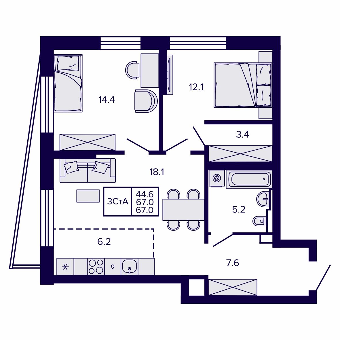 3-комнатная, 67.05 м², № 12 в Сподвижники