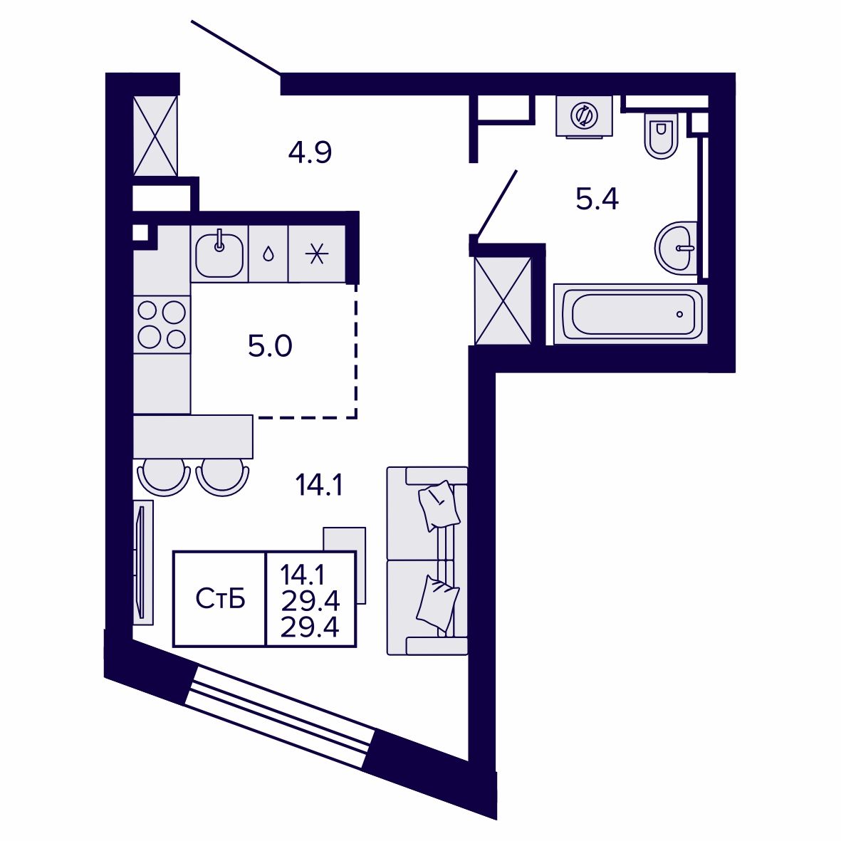 Студия, 29.4 м², № 79 в Сподвижники