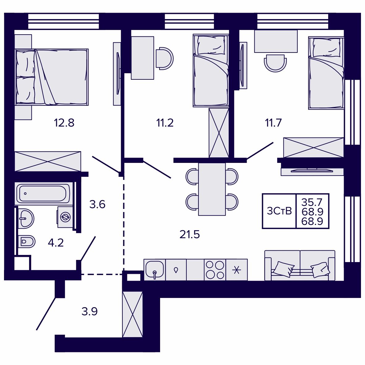 3-комнатная, 68.96 м², № 54 в Сподвижники
