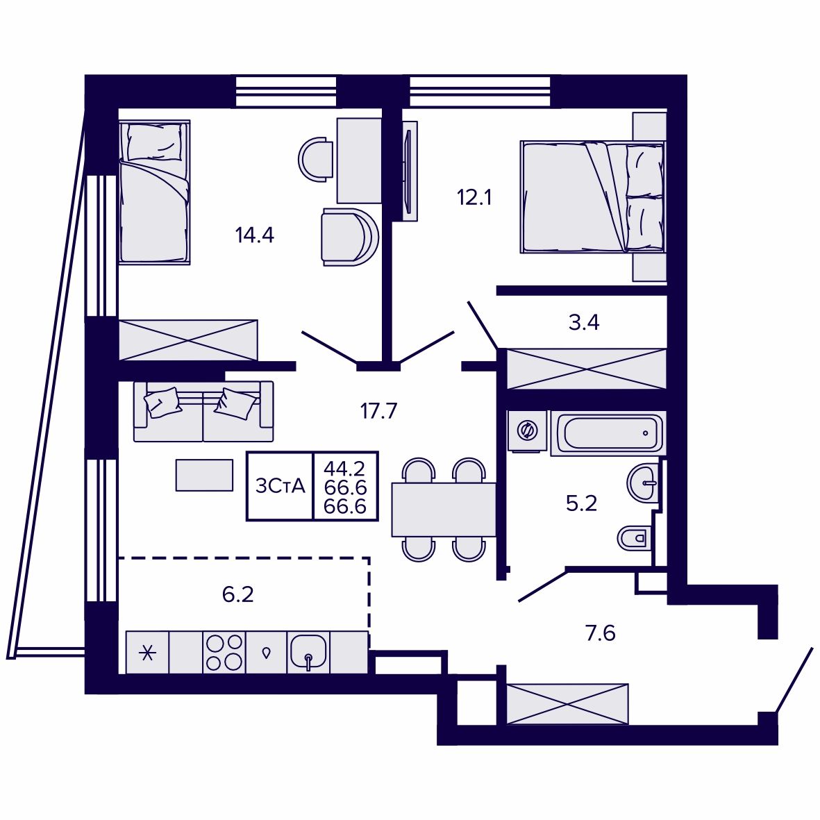 3-комнатная, 66.65 м², № 32 в Сподвижники
