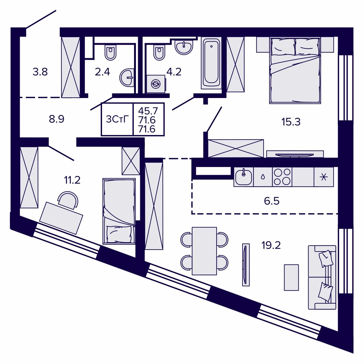 3-комнатная, 71.61 м², № 37 в Сподвижники