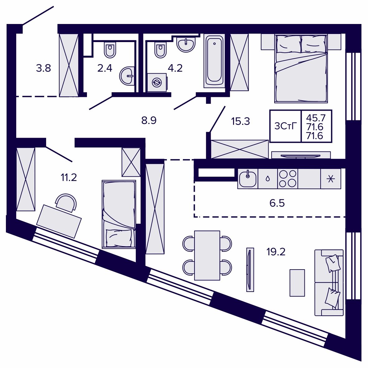 3-комнатная, 71.62 м², № 27 в Сподвижники