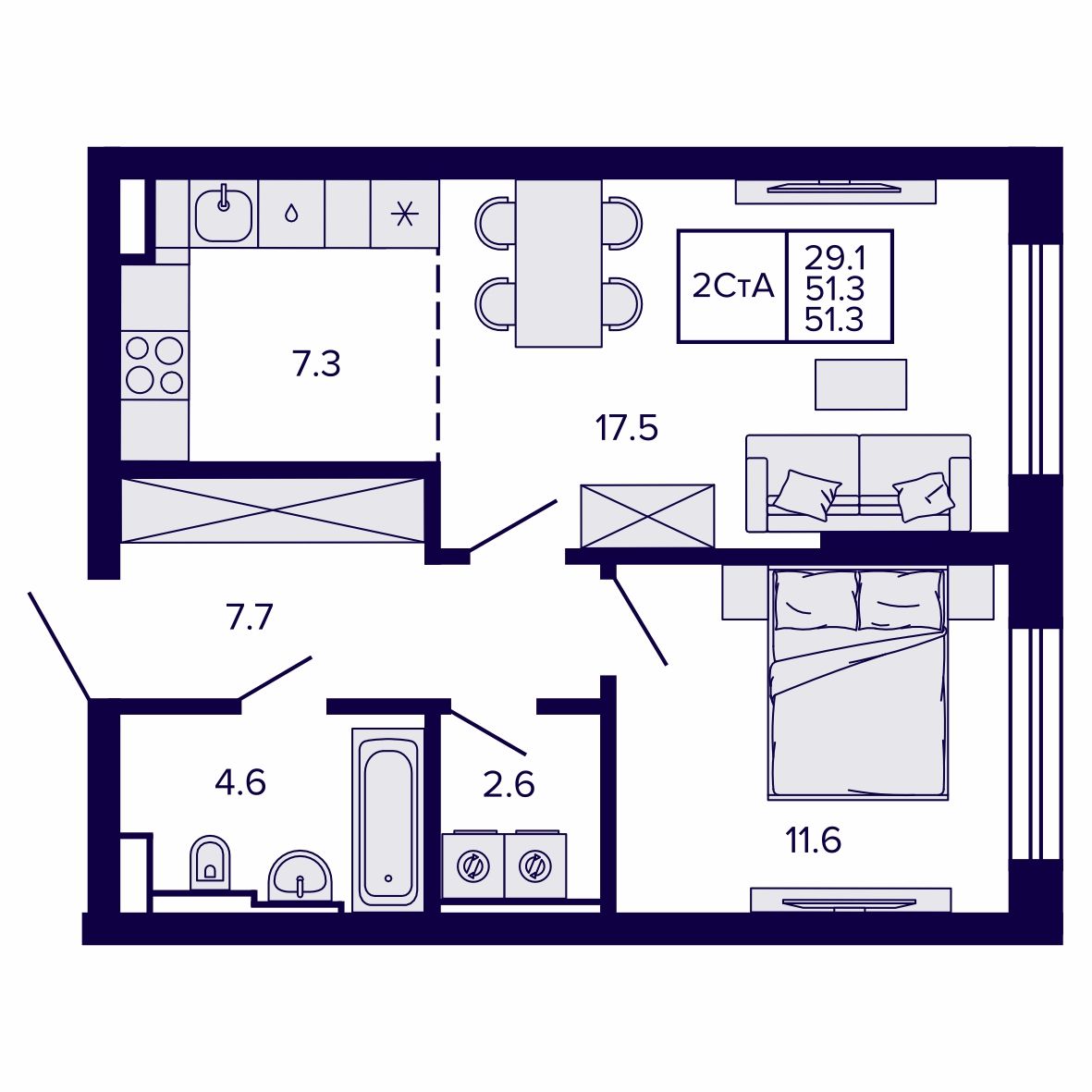 2-комнатная, 51.28 м², № 36 в Сподвижники