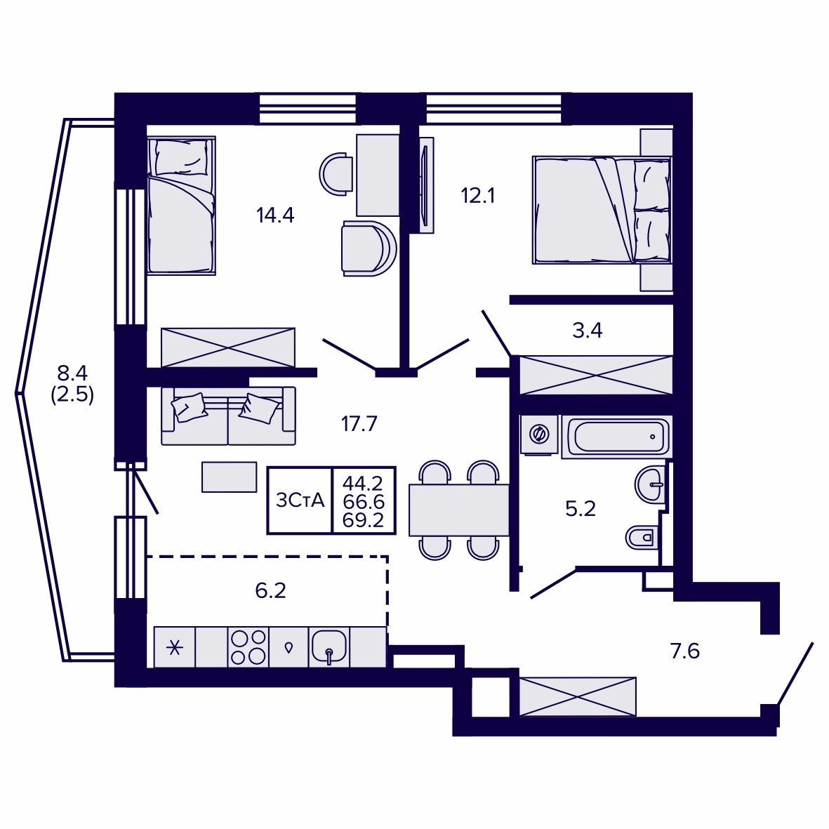 3-комнатная, 69.16 м², № 22 в Сподвижники