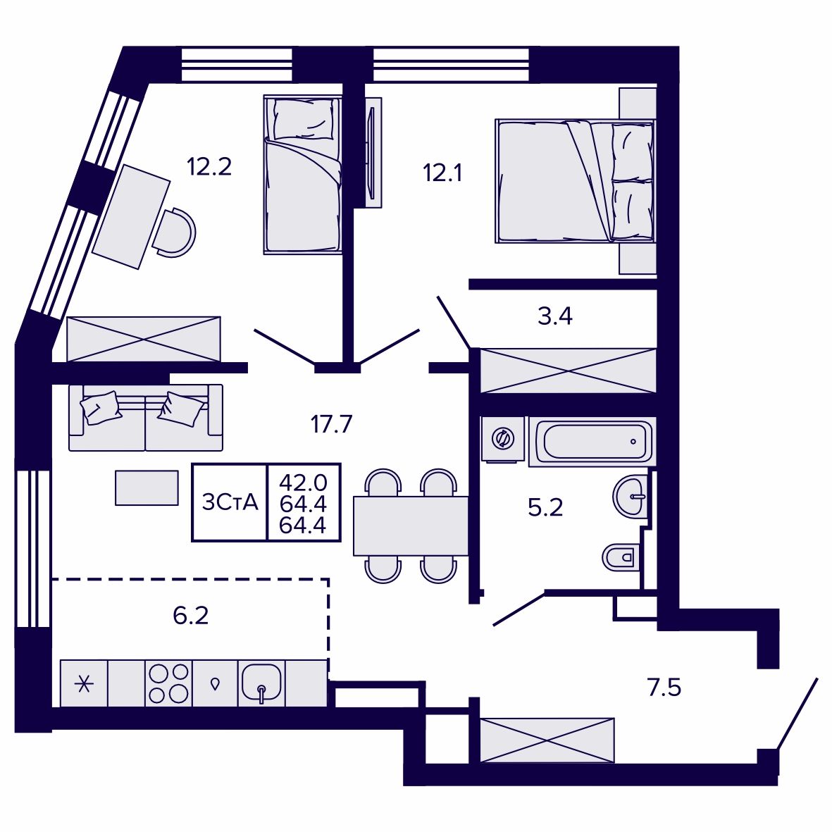 3-комнатная, 64.36 м², № 82 в Сподвижники