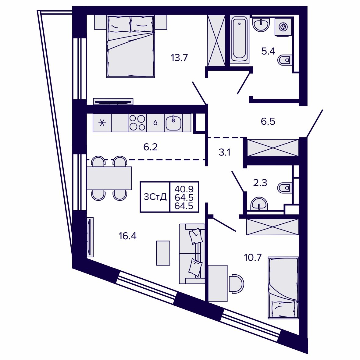 3-комнатная, 64.47 м², № 50 в Сподвижники