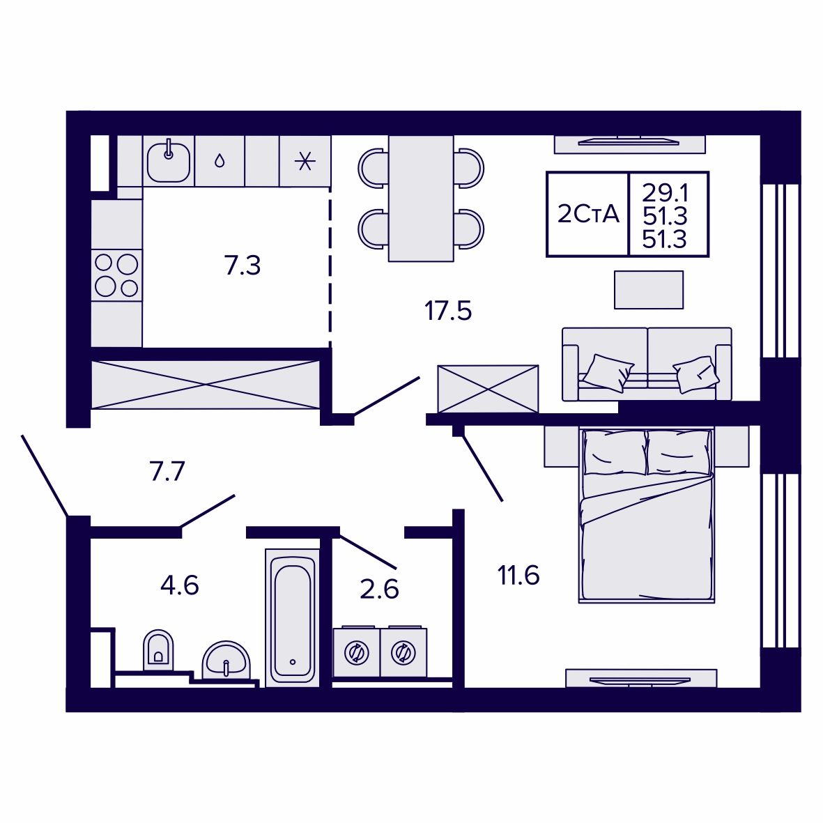 2-комнатная, 51.28 м², № 26 в Сподвижники