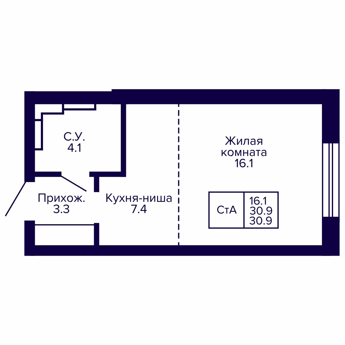 Студия, 30.9 м², № 35 в Сподвижники