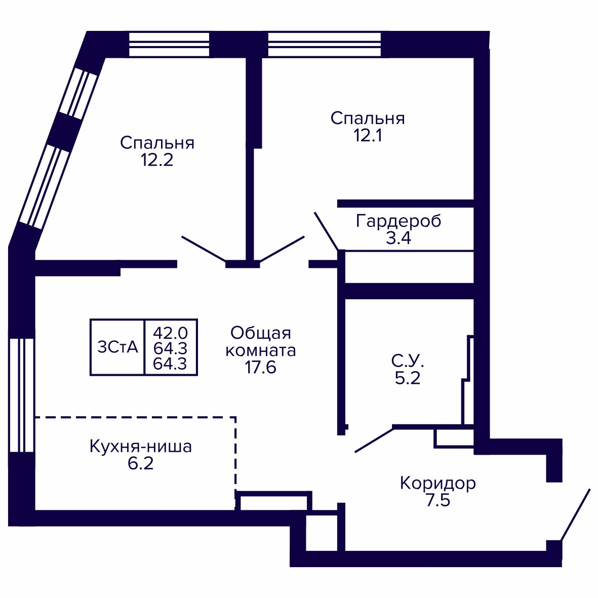 3-комнатная, 64.27 м², № 122 в Сподвижники