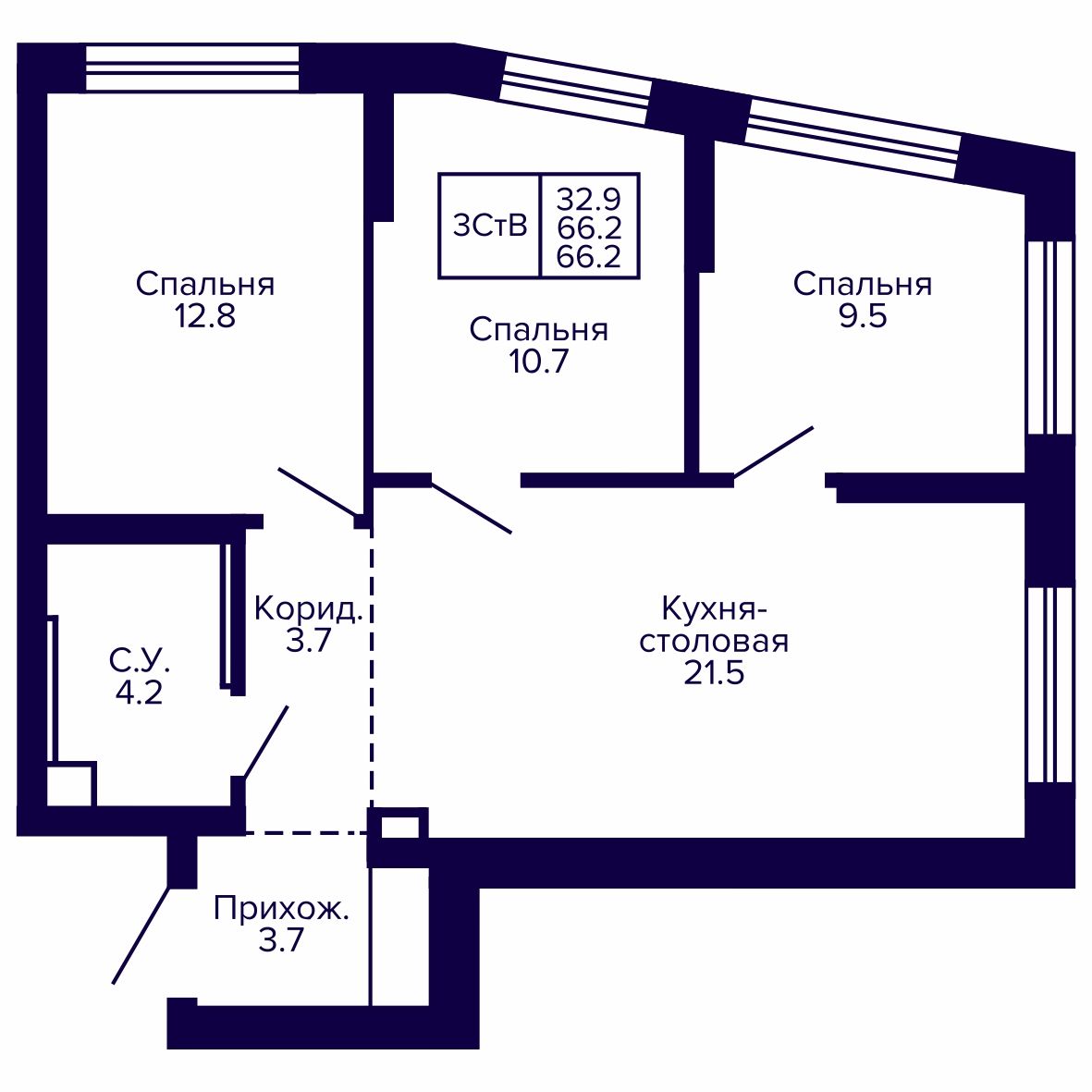 3-комнатная, 66.16 м², № 124 в Сподвижники