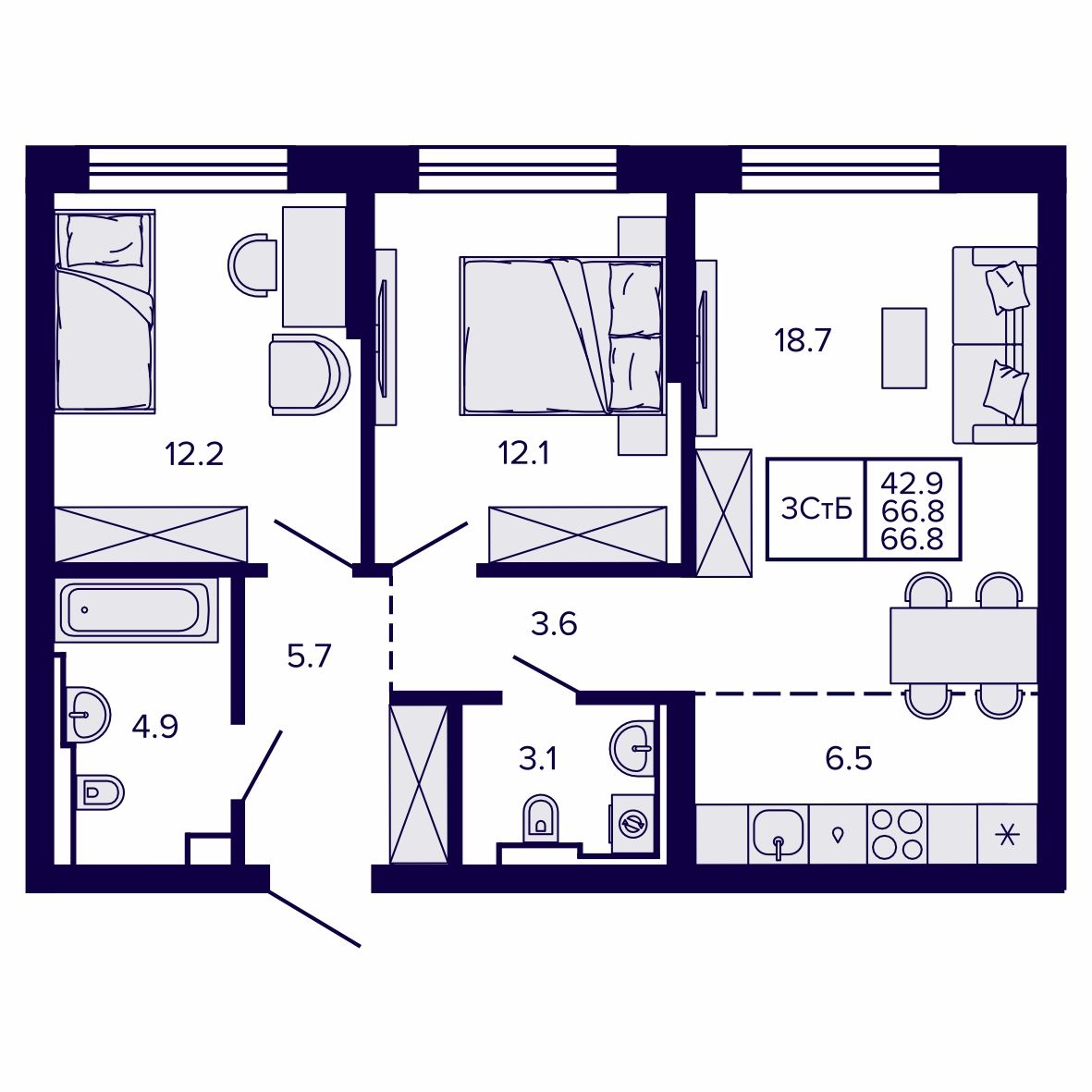 3-комнатная, 66.76 м², № 13 в Сподвижники