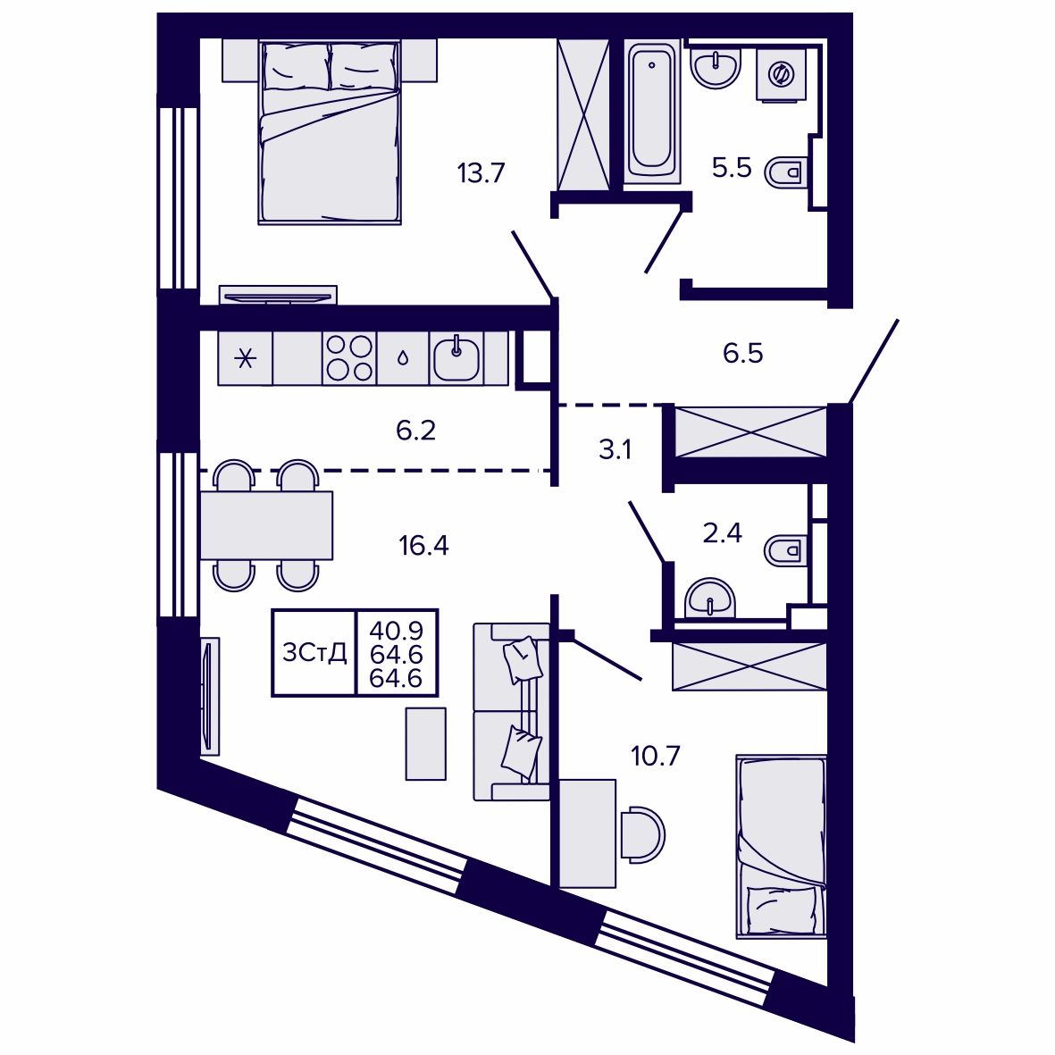 3-комнатная, 64.61 м², № 20 в Сподвижники