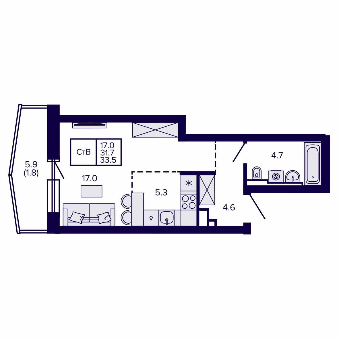 Студия, 33.52 м², № 51 в Сподвижники
