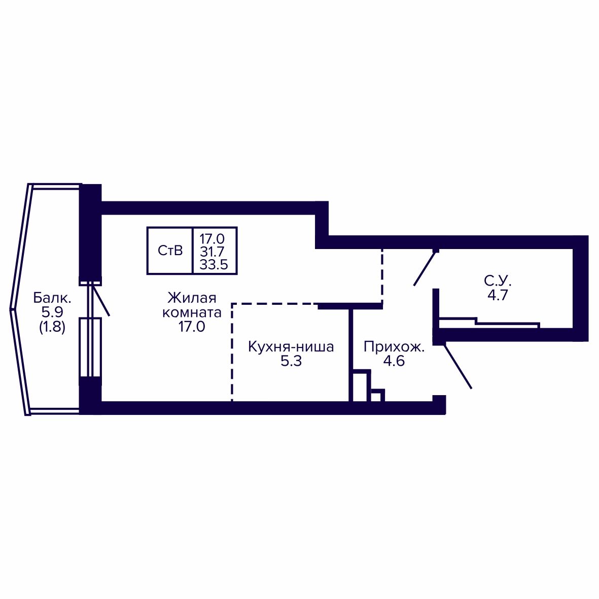 Студия, 33.52 м², № 51 в Сподвижники