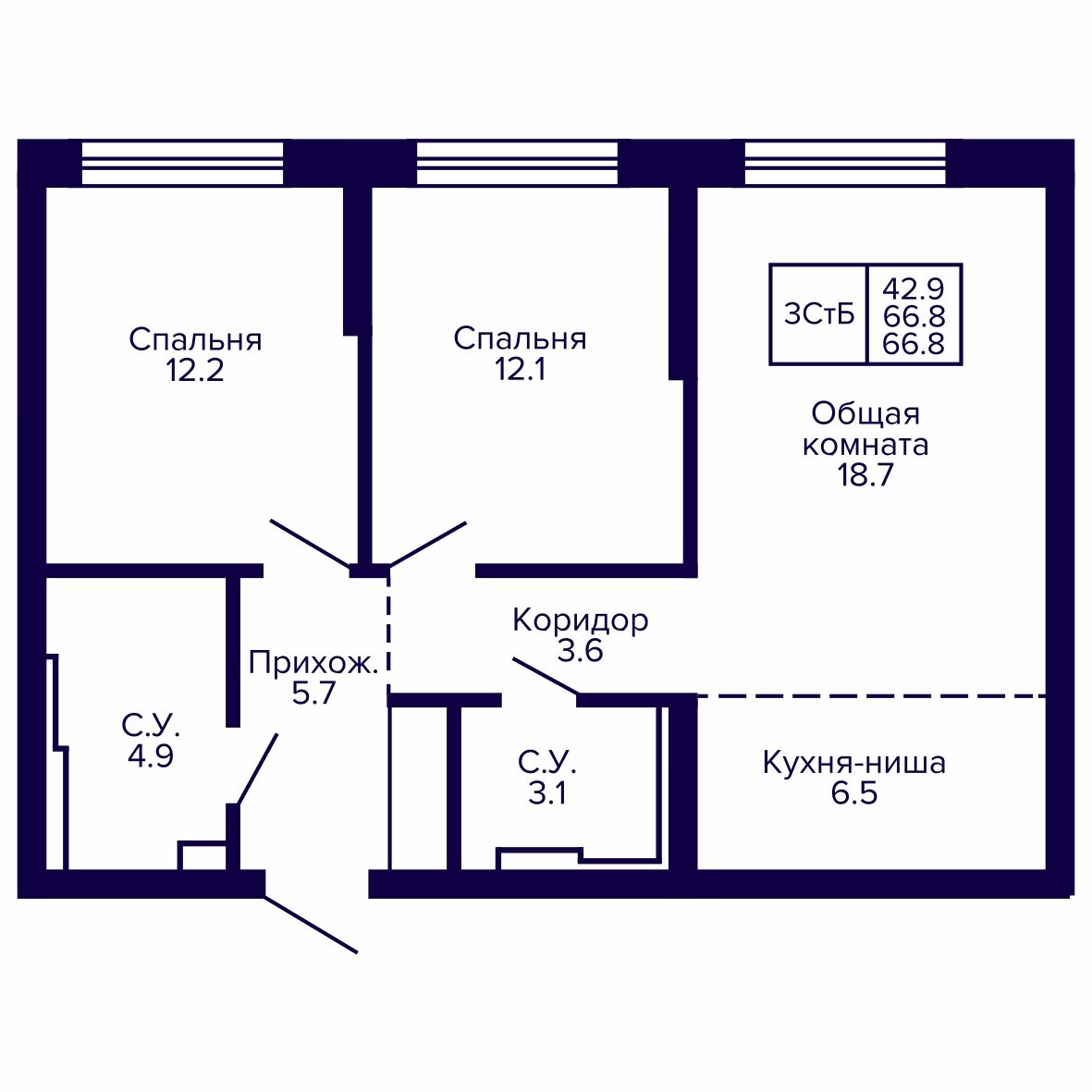 3-комнатная, 66.77 м², № 23 в Сподвижники