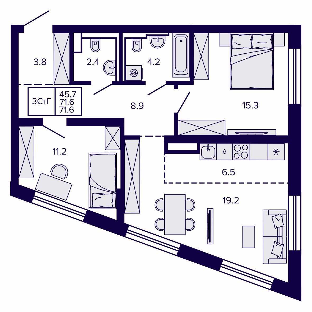 3-комнатная, 71.6 м², № 57 в Сподвижники