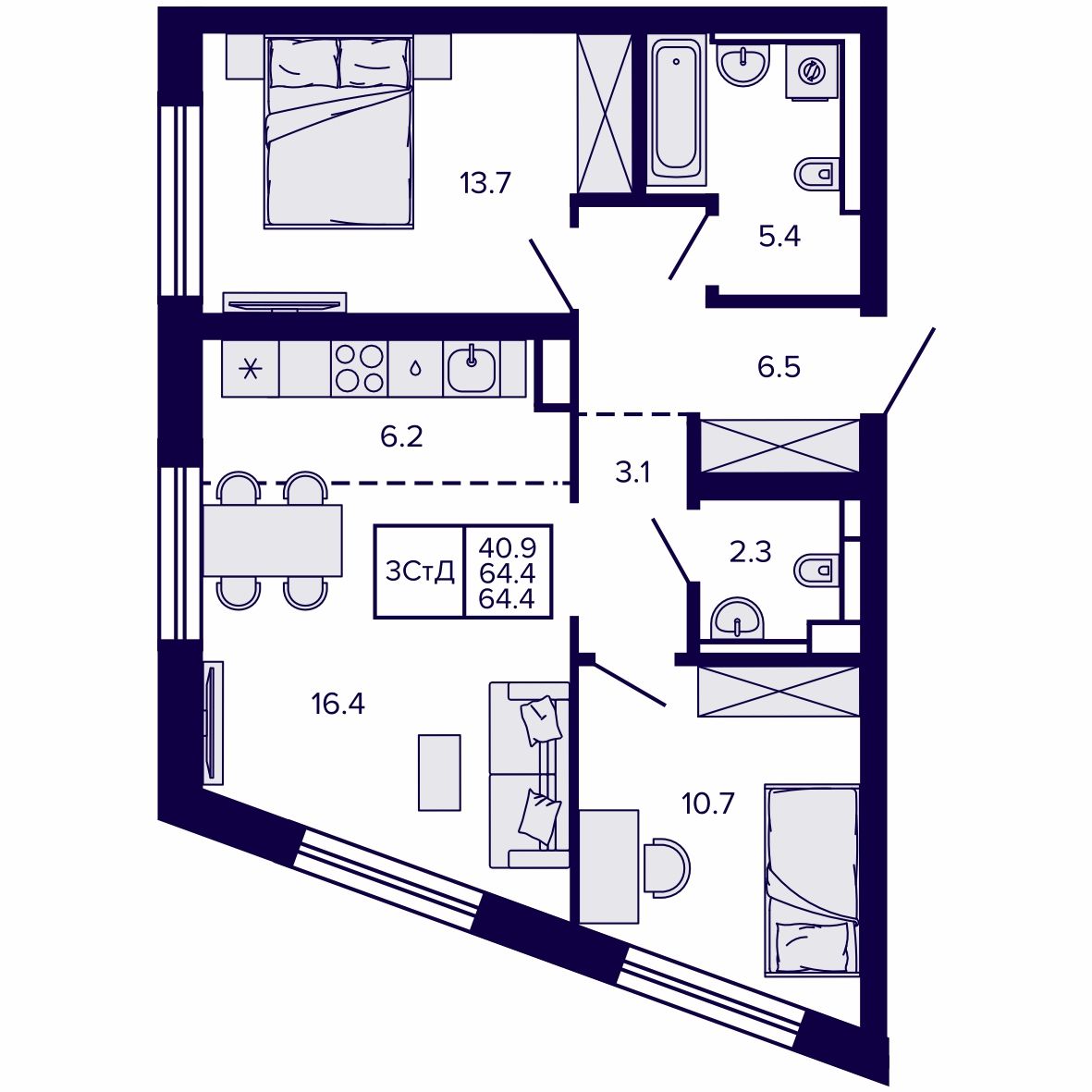3-комнатная, 64.42 м², № 80 в Сподвижники