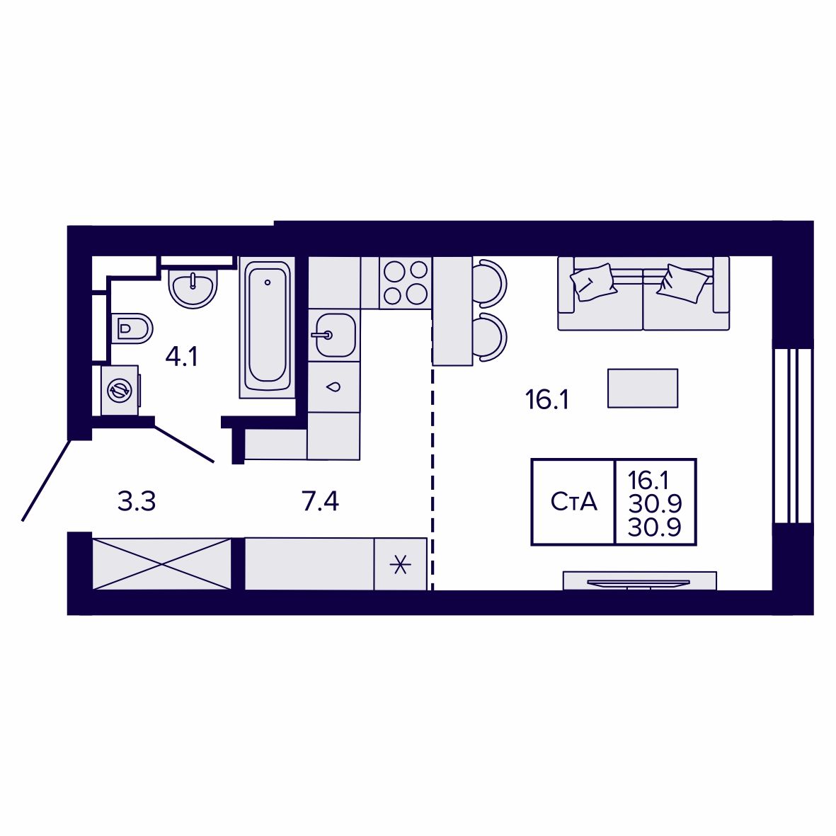 Студия, 30.9 м², № 25 в Сподвижники