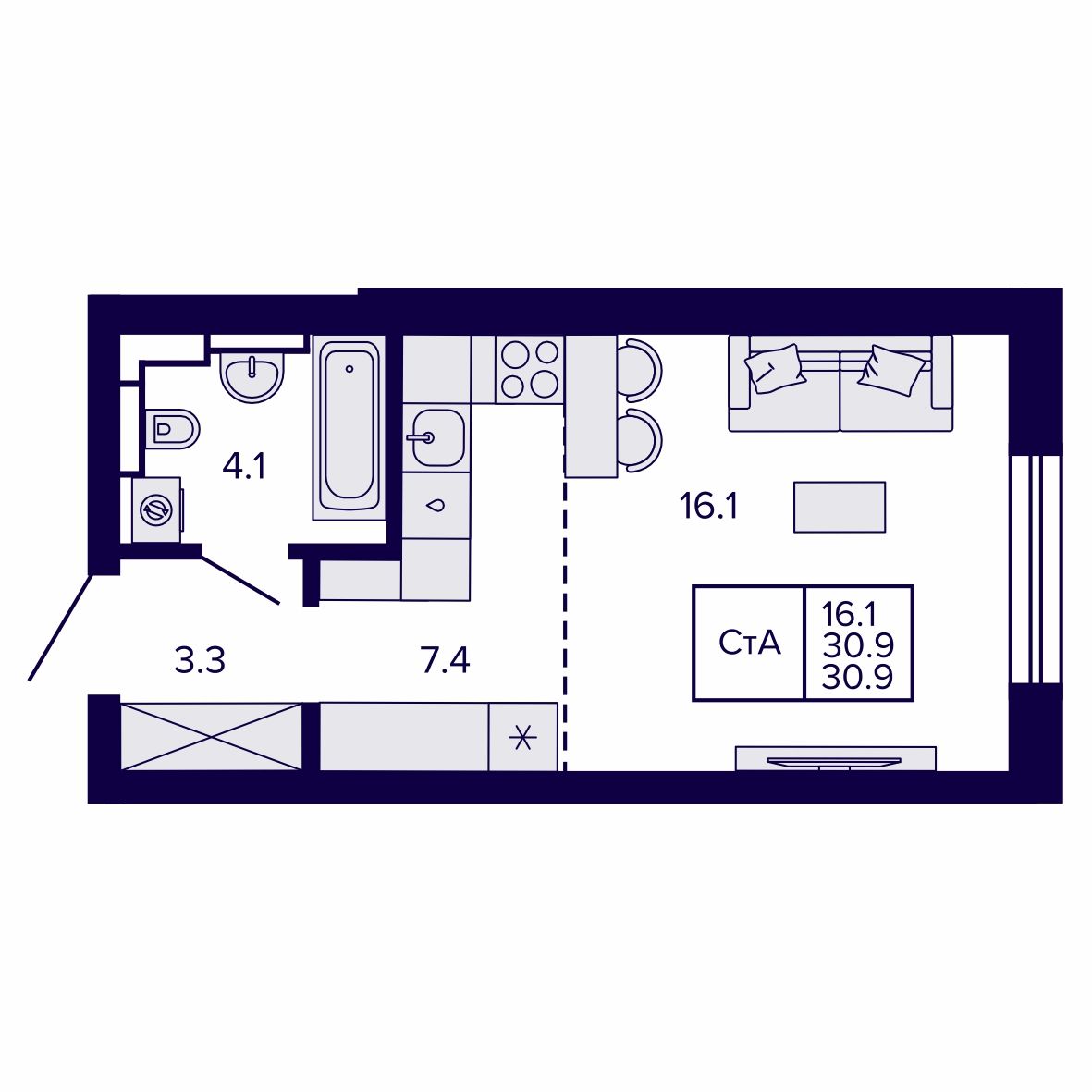 Студия, 30.9 м², № 35 в Сподвижники