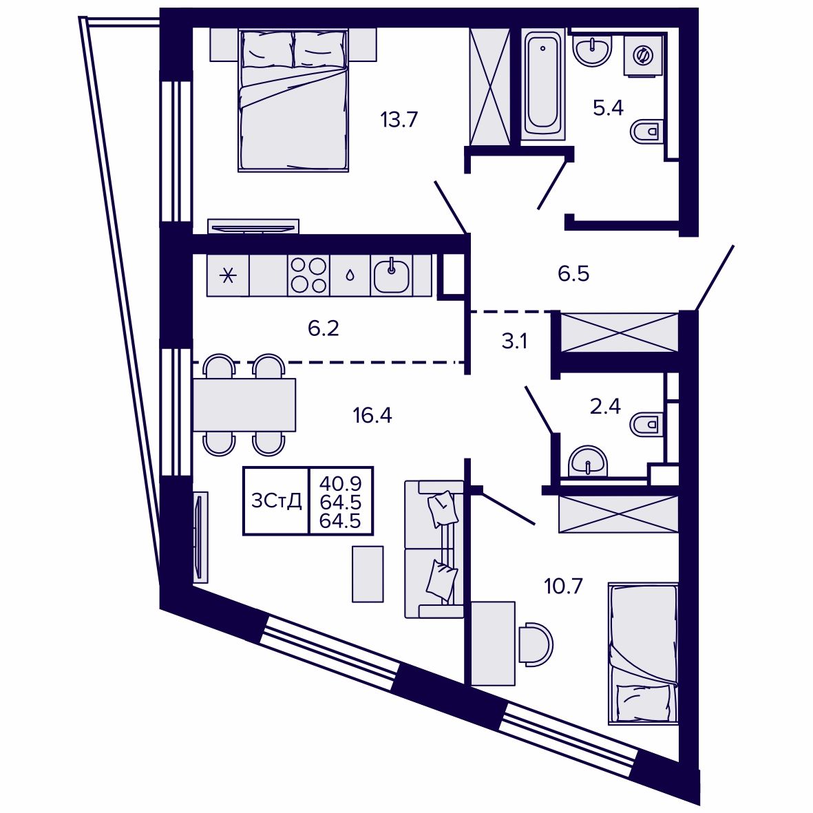 3-комнатная, 64.5 м², № 30 в Сподвижники