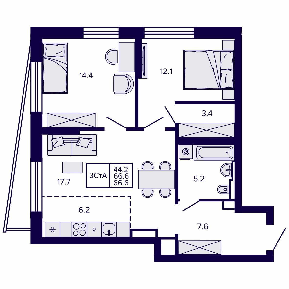 3-комнатная, 66.61 м², № 52 в Сподвижники