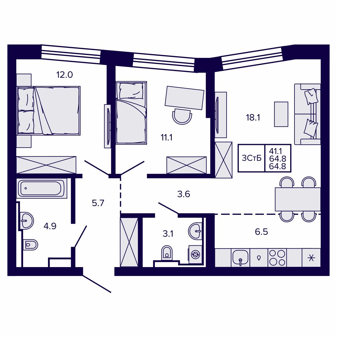 3-комнатная, 64.85 м², № 123 в Сподвижники