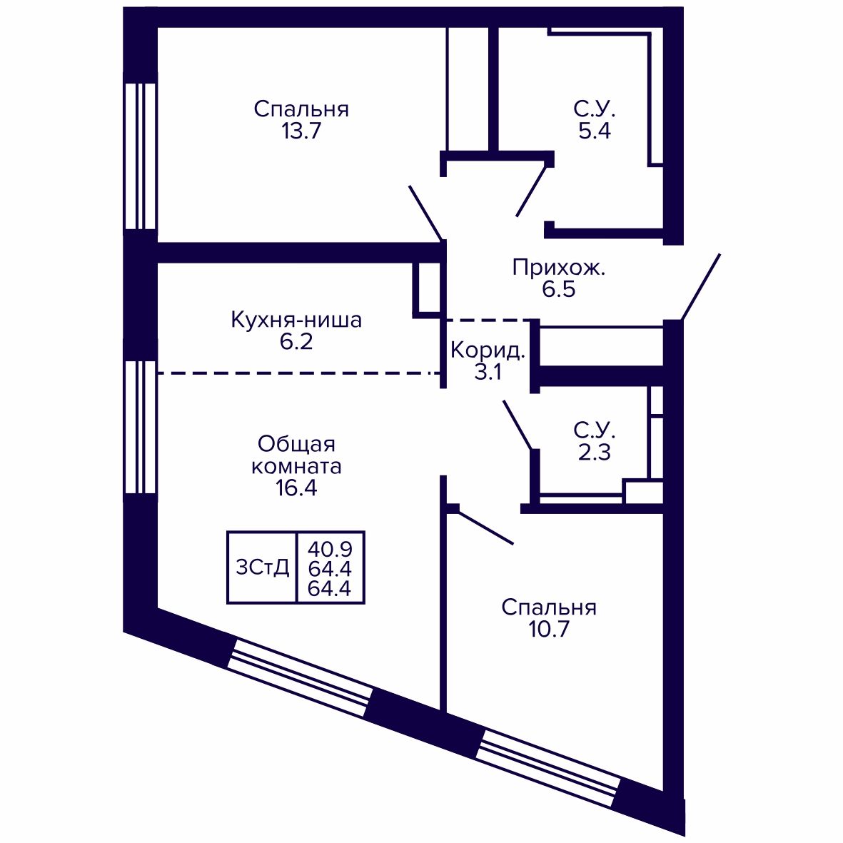 3-комнатная, 64.42 м², № 80 в Сподвижники