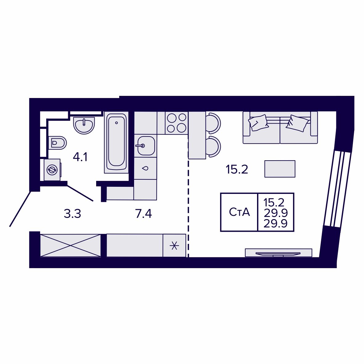 Студия, 29.96 м², № 85 в Сподвижники