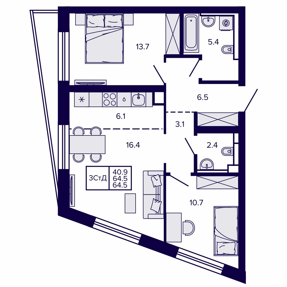 3-комнатная, 64.47 м², № 10 в Сподвижники