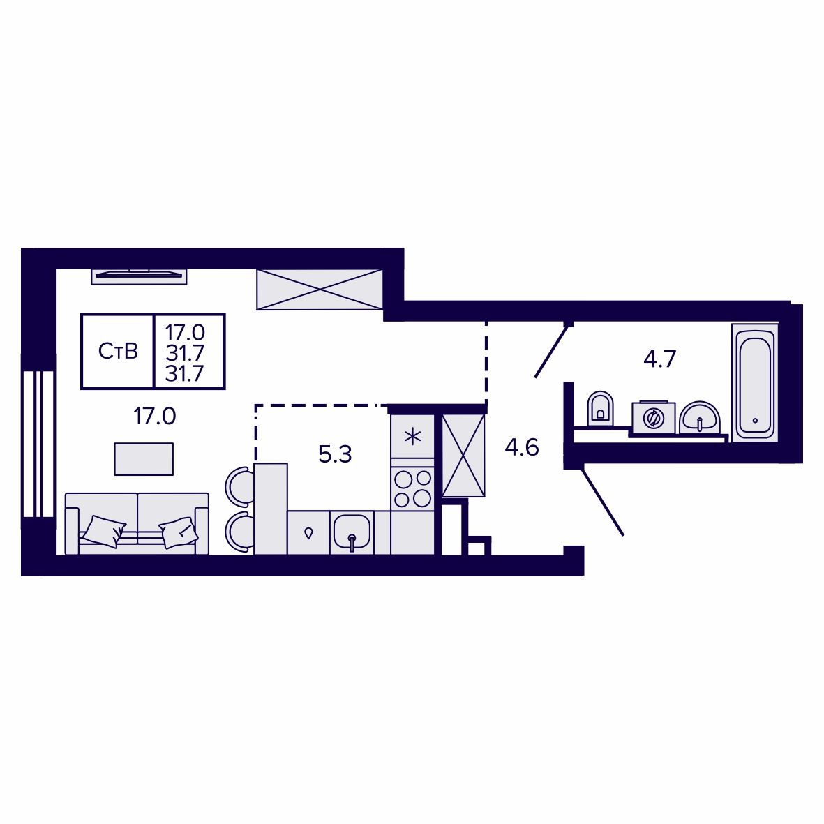 Студия, 31.72 м², № 81 в Сподвижники