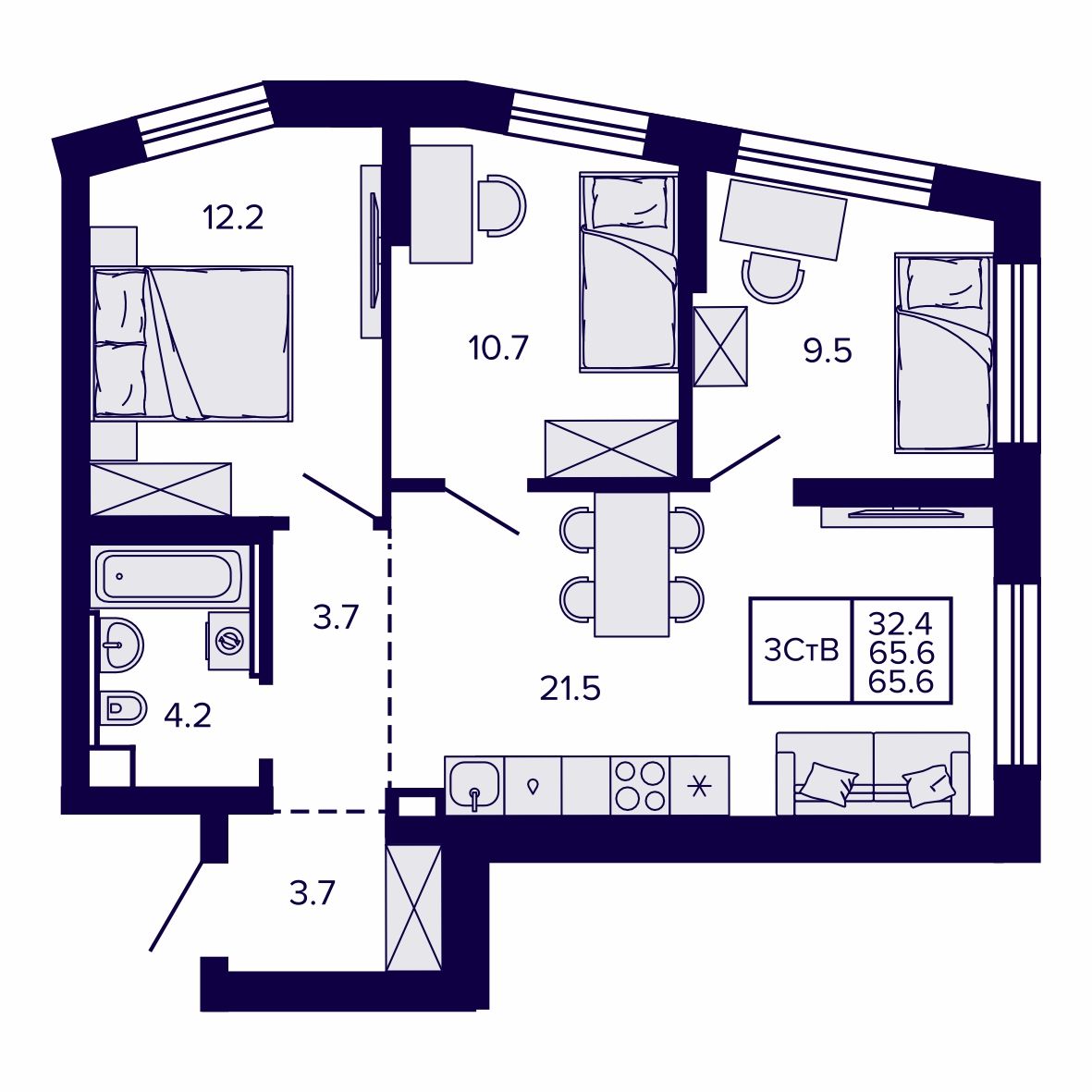 3-комнатная, 65.57 м², № 104 в Сподвижники