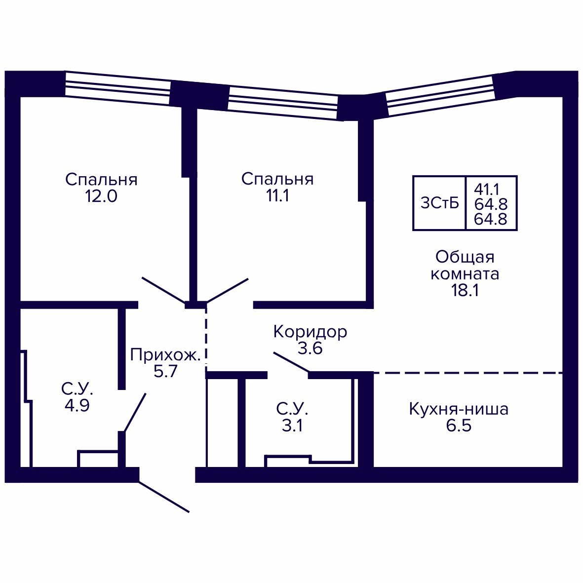 3-комнатная, 64.85 м², № 123 в Сподвижники