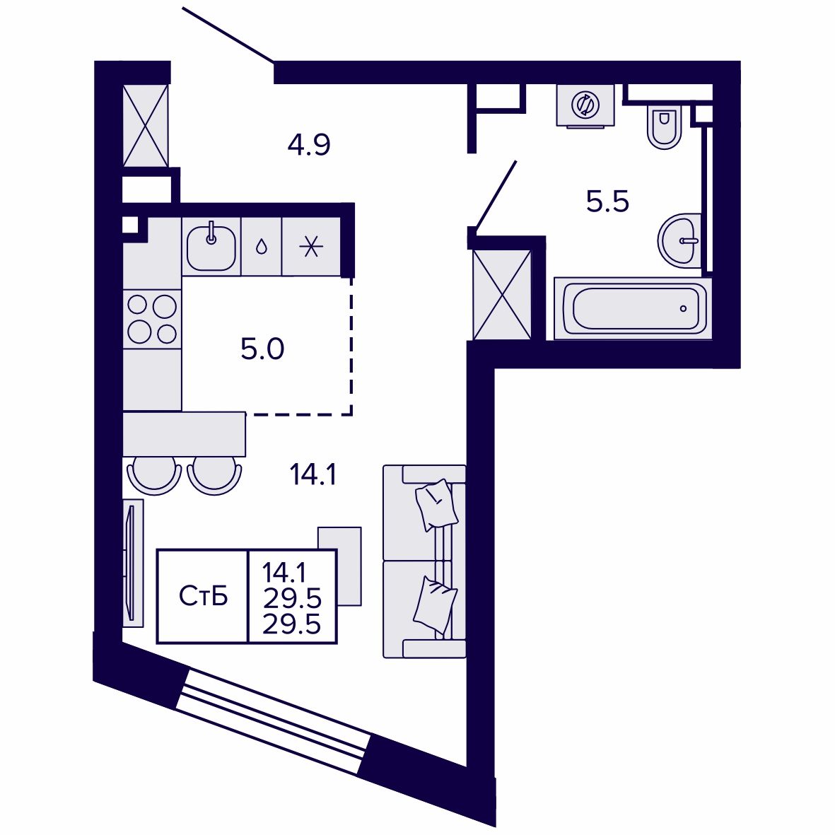 Студия, 29.45 м², № 49 в Сподвижники