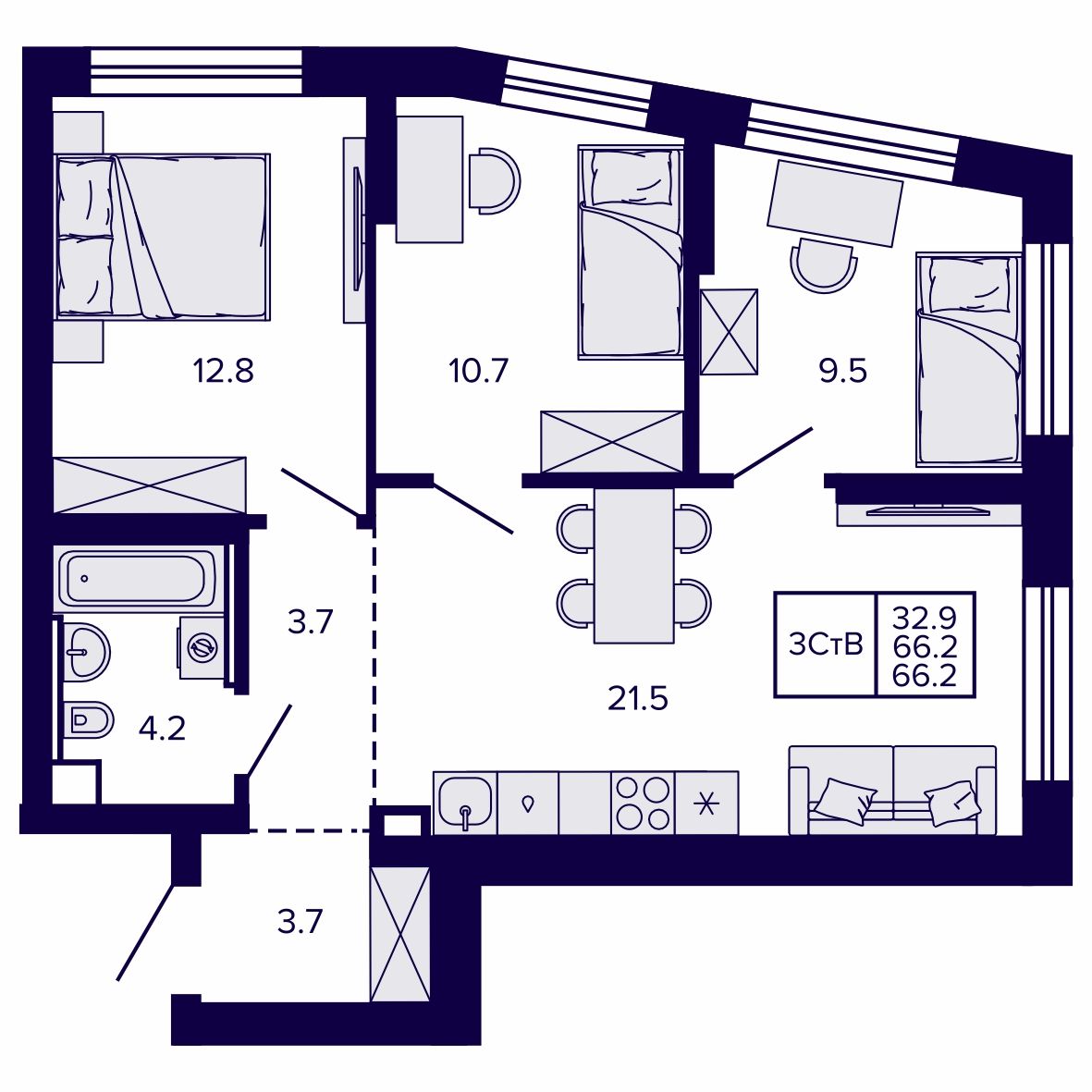 3-комнатная, 66.16 м², № 124 в Сподвижники