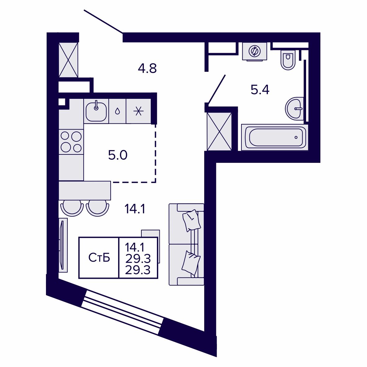 Студия, 29.28 м², № 119 в Сподвижники