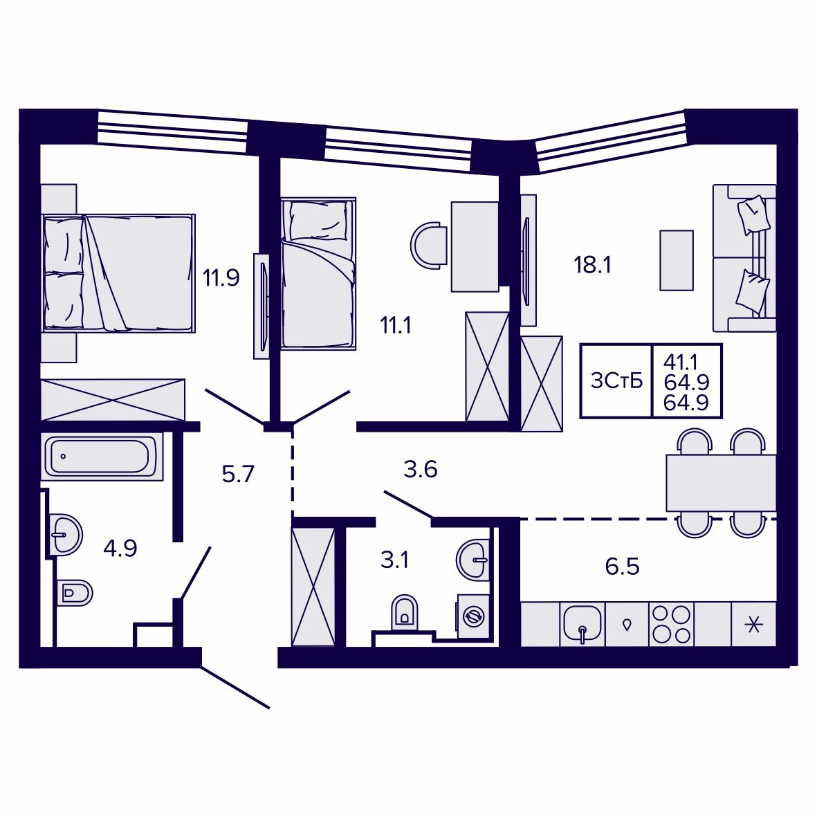 3-комнатная, 64.92 м², № 53 в Сподвижники