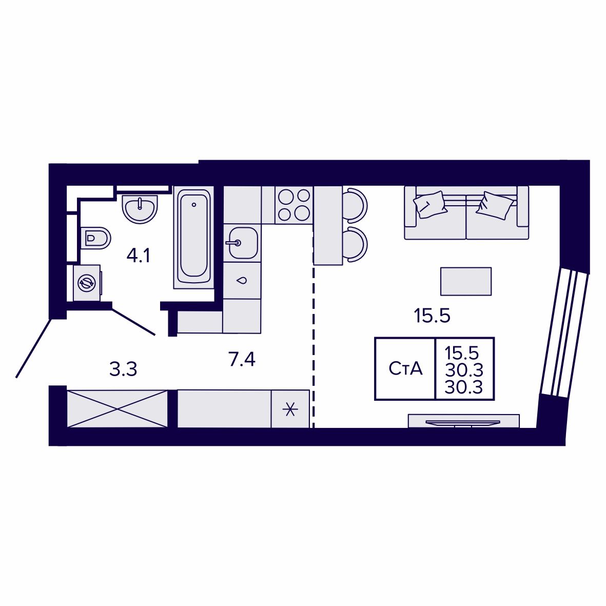 Студия, 30.27 м², № 55 в Сподвижники