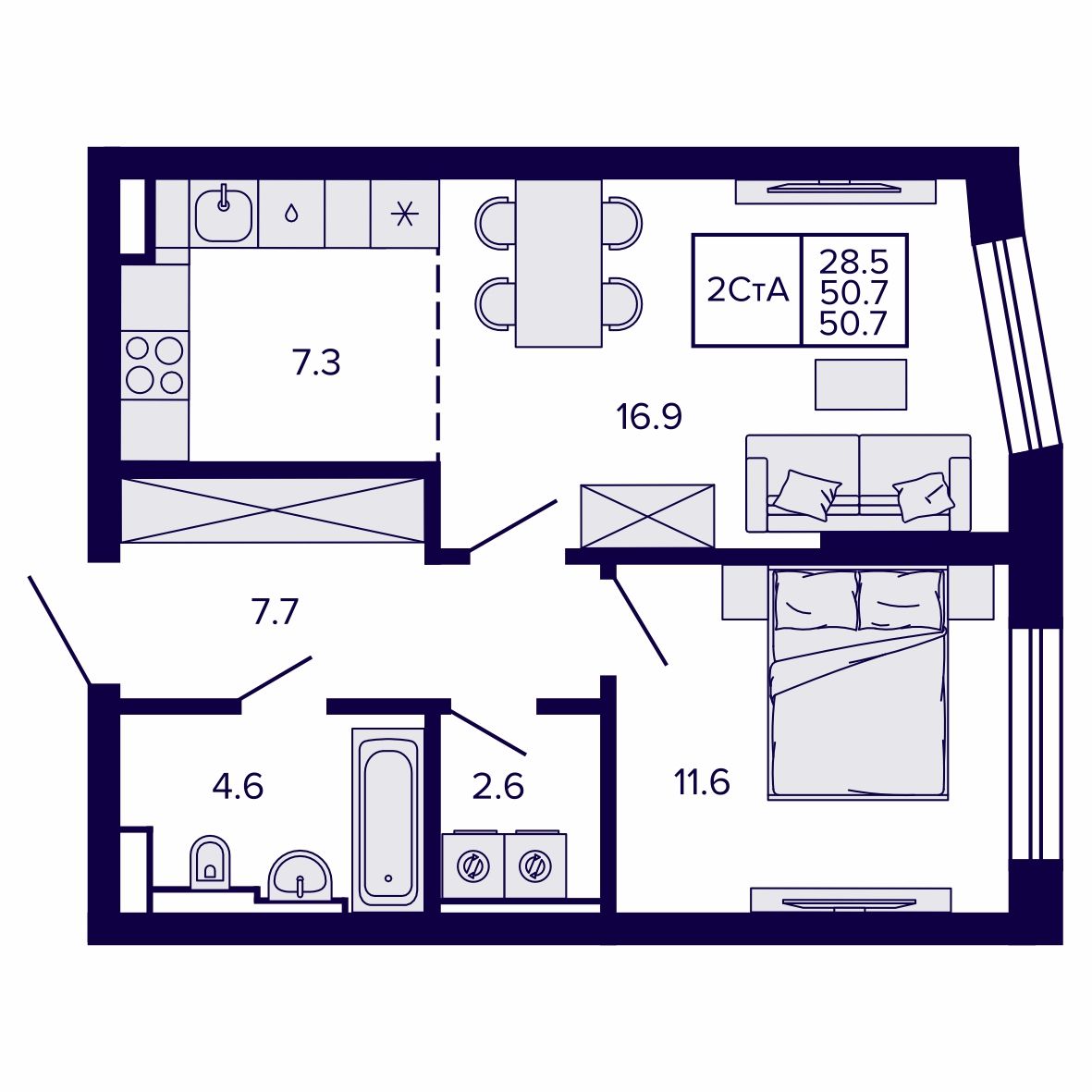 2-комнатная, 50.71 м², № 56 в Сподвижники