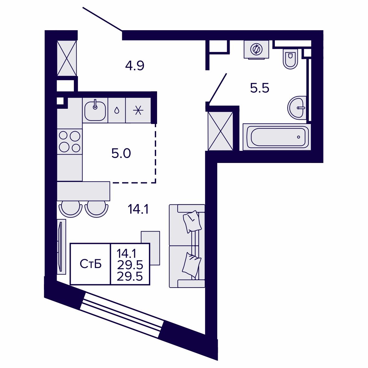Студия, 29.52 м², № 19 в Сподвижники