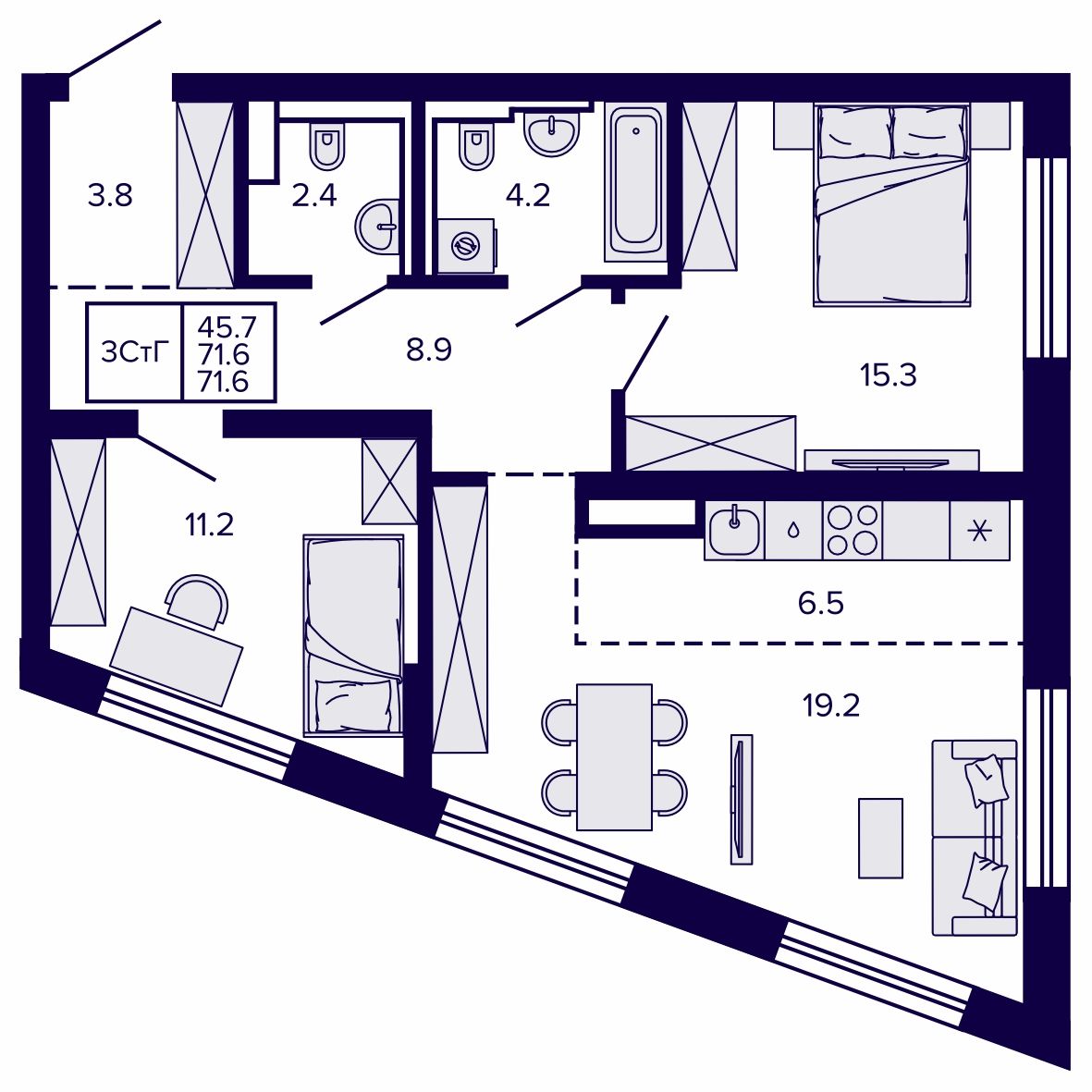 3-комнатная, 71.56 м², № 87 в Сподвижники