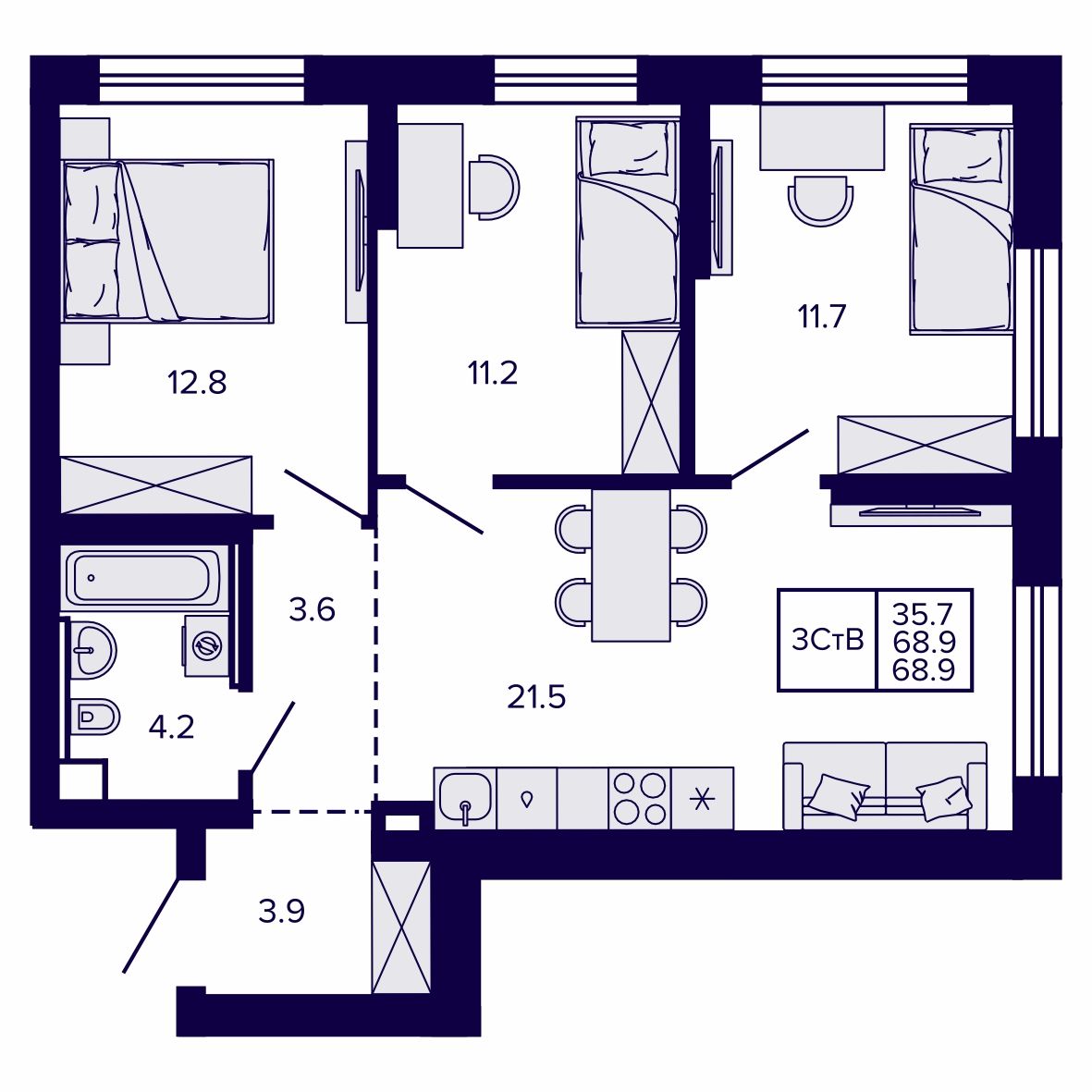 3-комнатная, 68.96 м², № 24 в Сподвижники