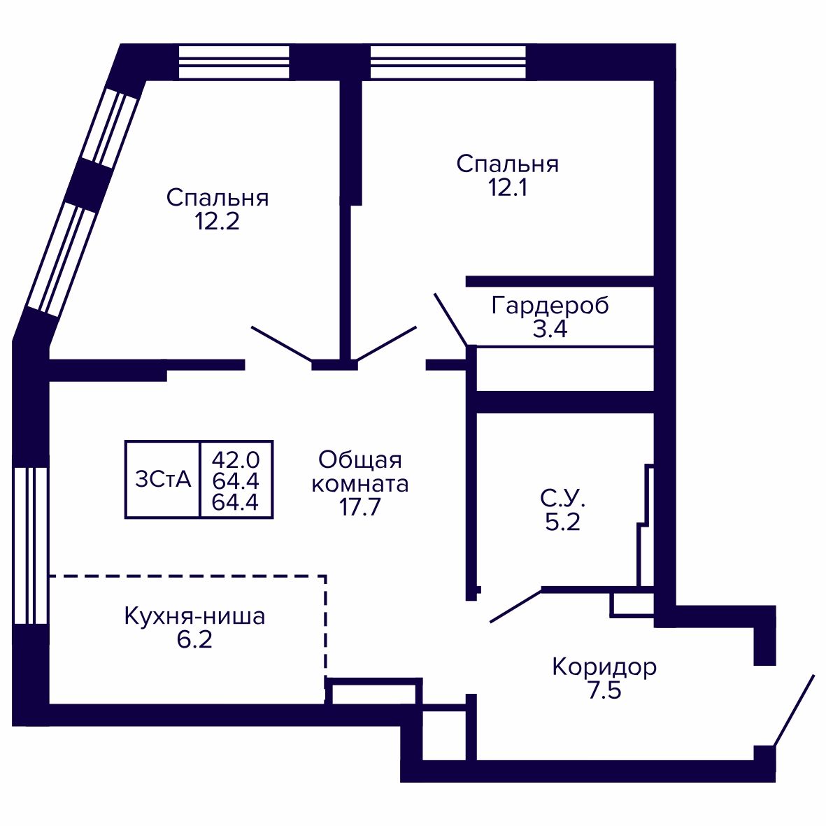 3-комнатная, 64.36 м², № 82 в Сподвижники