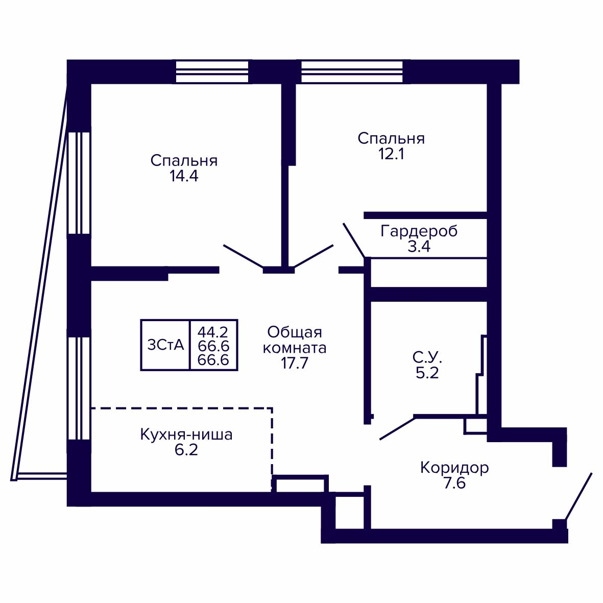 3-комнатная, 66.65 м², № 32 в Сподвижники