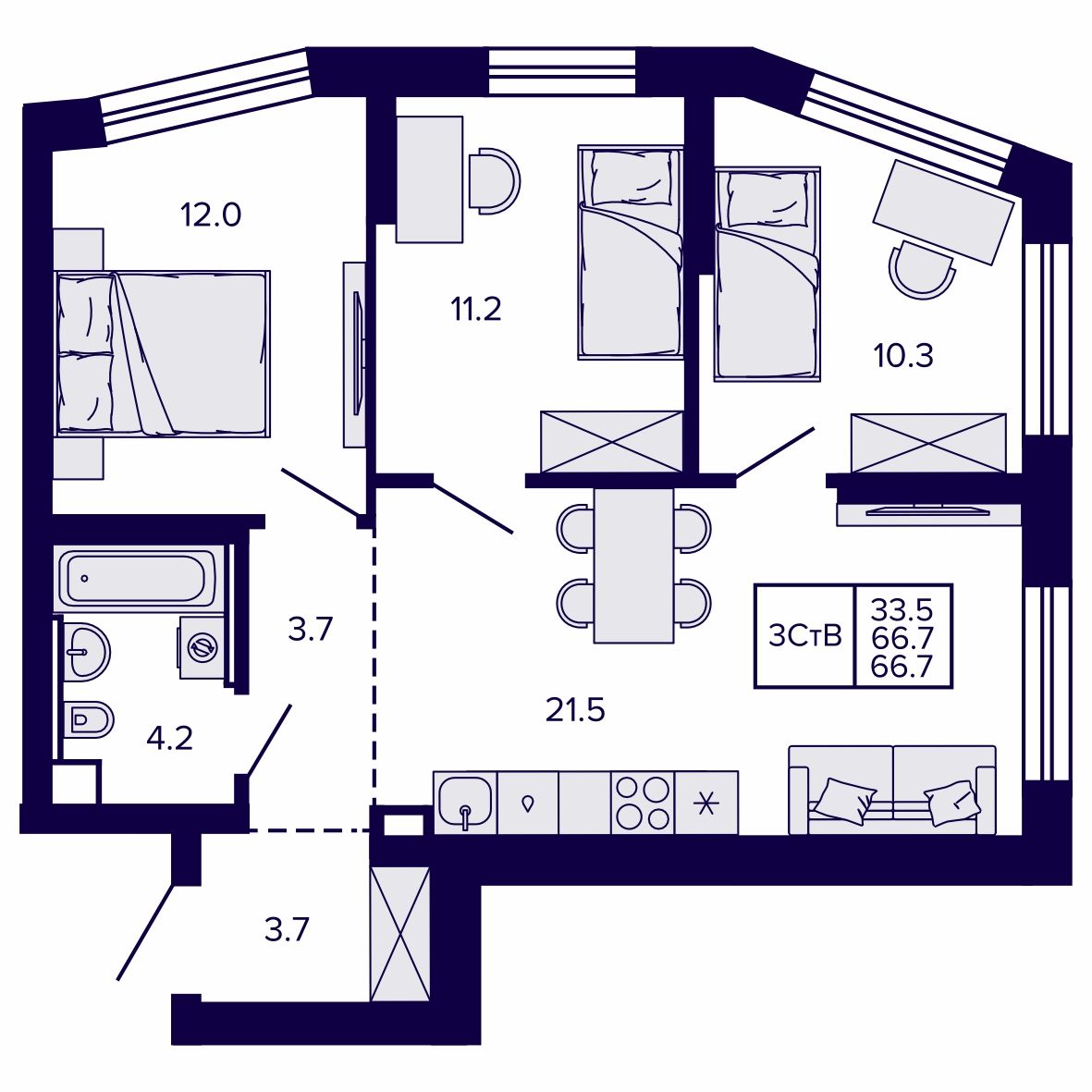 3-комнатная, 66.74 м², № 84 в Сподвижники