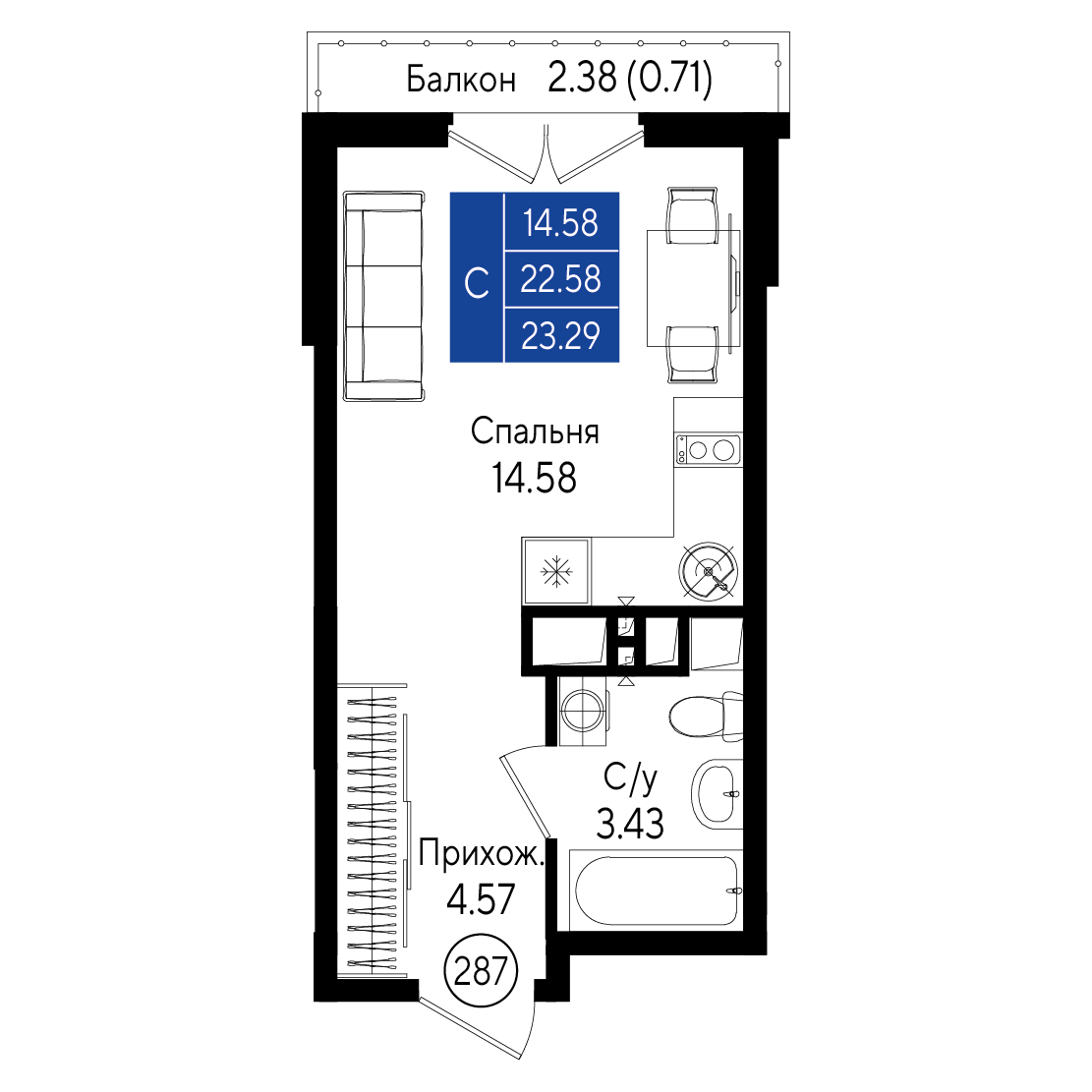 Студия, 23.29 м² · Приморье