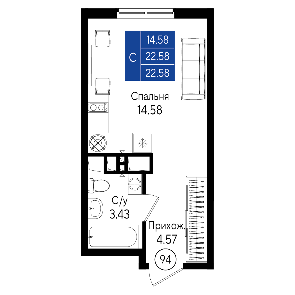 Студия, 22.58 м² · Приморье